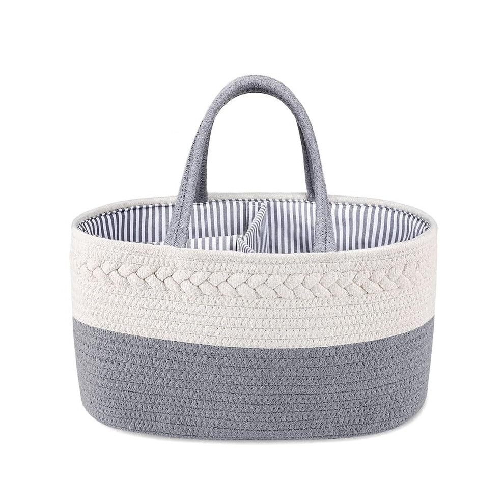 Diaper Caddy Organizer Grey Cotton Rope With Handle For Changing Table Car Travel Nursery Basket