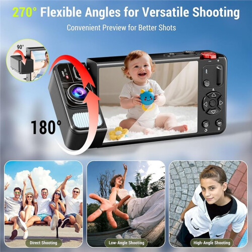 Câmera Digital 4K de 64 MP com  Digital de 18x, Lente Giratória de 270 Graus, Tela de 2,8 Polegadas, Estabilização de Imagem, Ideal para Viagens. 2