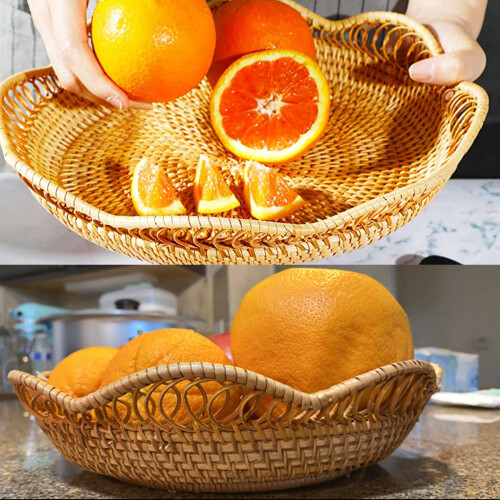 Hand-Woven Rattan Storage Basket Fruit Basket Wicker Woven Tray Restaurant Small Container Home Decoration S-23X5.5cm 2
