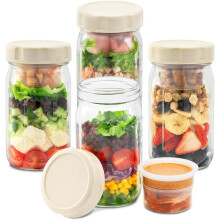 Confezione da 4 Barattoli Vetro per Insalata con Coperchi, per Preparazione Dei Pasti, Separazione Umido/Secco per Condimenti per Insalata e