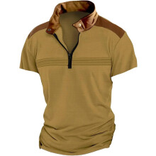 Men's Classic Quarter Zipper Polo Shirt Vintage Striped Stand Collar Regular Fit Short Sleeve Khaki Sweater Size S
