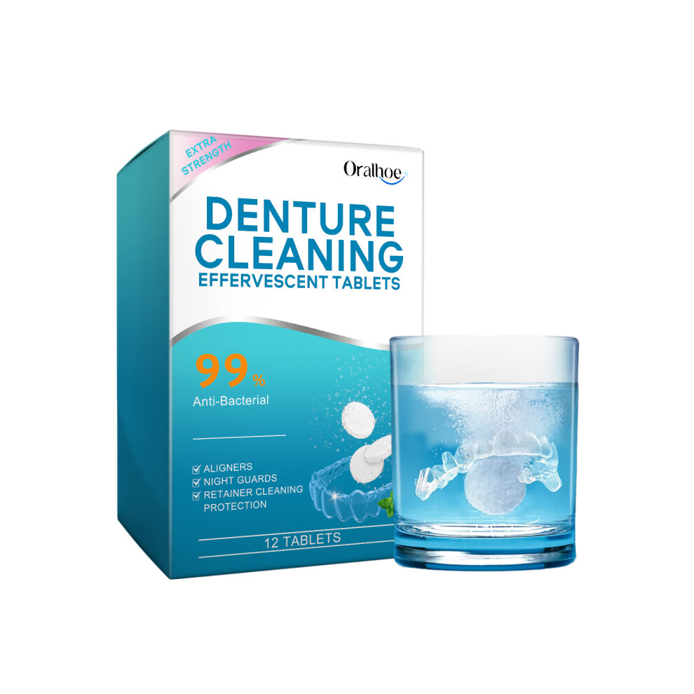 (12 TABLETS) Denture cleaning effervescent tablets Gently clean denture stains Fresh and clean daily portable effervescent tablets