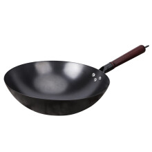 32cm Hand Hammered Round Bottom Cast Iron Wok with Wooden Lid, Non Stick Surface for Stir Fry