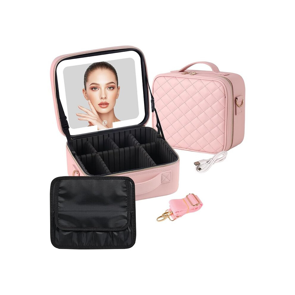 Makeup Case with LED Light Mirror, 10 Inch Portable Travel Cosmetic Organizer Bag with Adjustable Dividers