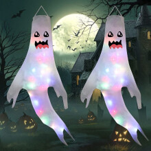 Bandiere a vento di Halloween con fantasmi e luci temporizzate, decorazioni per esterni in tessuto di poliestere con sistema di fissaggio facile,