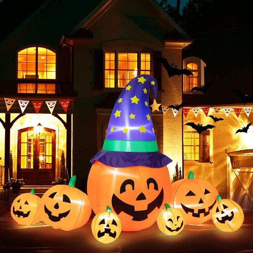 Διακοσμήσεις για το Halloween, καπέλο μάγισσας κολοκύθας 8FT, εύκολη χρήση με φούσκωμα,