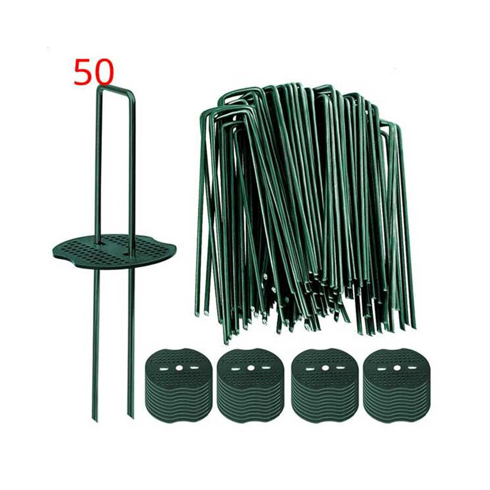 50Pcs Artificial Turf Stakes Staples + 50Pcs Buffer Washer, Landscape Staples, Galvanized Lawn Spikes Green
