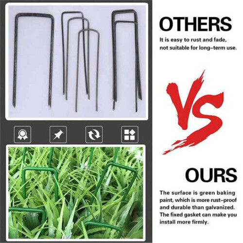 50pcs Green Artificial Turf Stakes Staples + 50pcs Buffer Washer, Landscape Staples, Galvanized Lawn Spikes 1