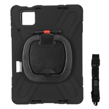 Bærbart tabletcover med skulderrem og kraftig stødsikker konstruktion, designet til langvarig brug og nem adgang til kontroller.