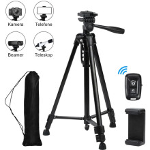 Tripé extensível para celular e câmera, em liga de alumínio, com ângulos ajustáveis em 360 para uso versátil.