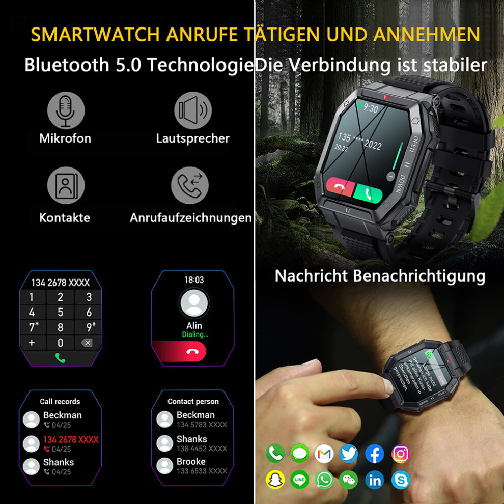 Military Smart Watch, Durability Meets Functionality, 1.85" Hd Screen Bluetooth Calls Waterproof Fitness Tracker For Men, Health Monitoring And Large 9169997083593
