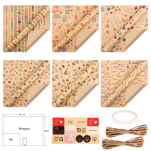 Birthday Wrapping Paper, Versatile Patterns, Multi-color High-quality Kraft Paper for Small to Medium Sized Boxes, 6 Sheets 1