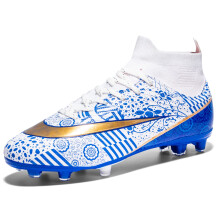 (6.5, White/Blue-AG) Men Sock Soccer Cleats Shoes Teenager Football Boots