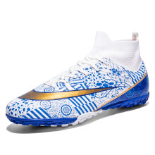 (8.5, White/Blue-TF) Men Sock Soccer Cleats Shoes Teenager Football Boots