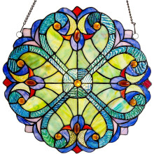 Handcrafted Stained Glass Window Panel, Durable Aqua Blue Green Orange Real Glass Cabochons for Small Windows, 10 x 10 Inches Tiffany Style