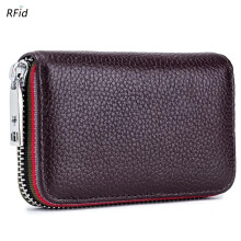 (Coffee) Genuine Leather Men Women Card Holder Small Zipper Wallet Solid Coin Purse Accordion Design Rfid ID Business Credit Card Bags