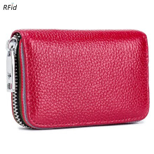 (Wine red) Genuine Leather Men Women Card Holder Small Zipper Wallet Solid Coin Purse Accordion Design Rfid ID Business Credit Card Bags
