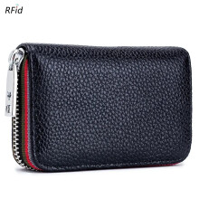 (Black) Genuine Leather Men Women Card Holder Small Zipper Wallet Solid Coin Purse Accordion Design Rfid ID Business Credit Card Bags