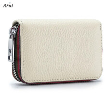 (Beige) Genuine Leather Men Women Card Holder Small Zipper Wallet Solid Coin Purse Accordion Design Rfid ID Business Credit Card Bags