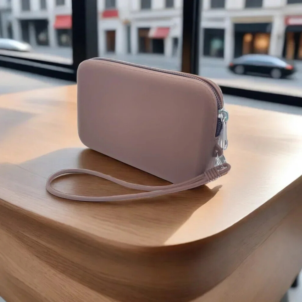 (Coffee-rectangle) Solid Color Cosmetic Bag Portable Rectangle Silicone High Capacity Coin Purse Headphone Bag Small Item Bag Stationery Bags Women