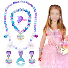 Schmuckset zum Spielen für Kinder, Verkleidungsaccessoires mit Meerjungfrauen-Handtasche, Halskette, Armband, Clip-Ohrringen und Ringen,