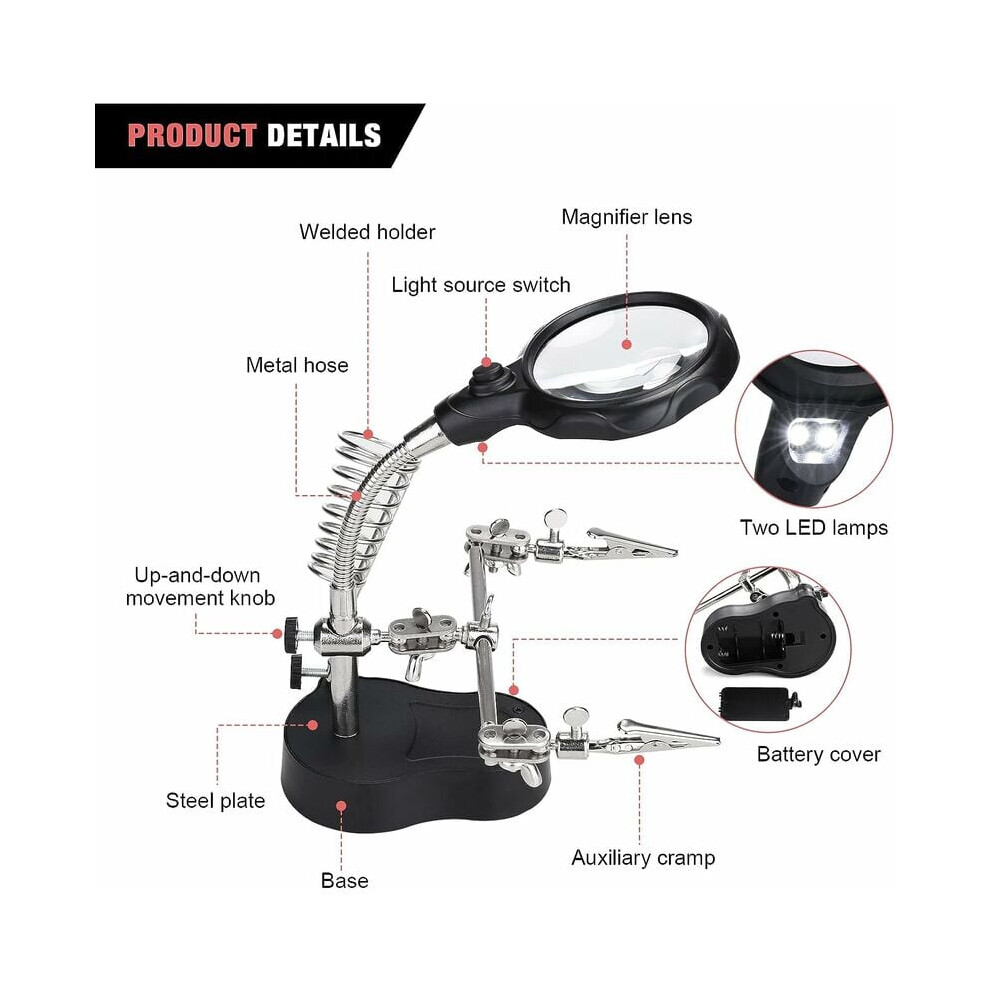 Light Adjustable Helping Hand With Magnifying Glass, Magnifying Glass With Led 3.5X 12X High Definition Lens Soldering Station With Alligator Clips