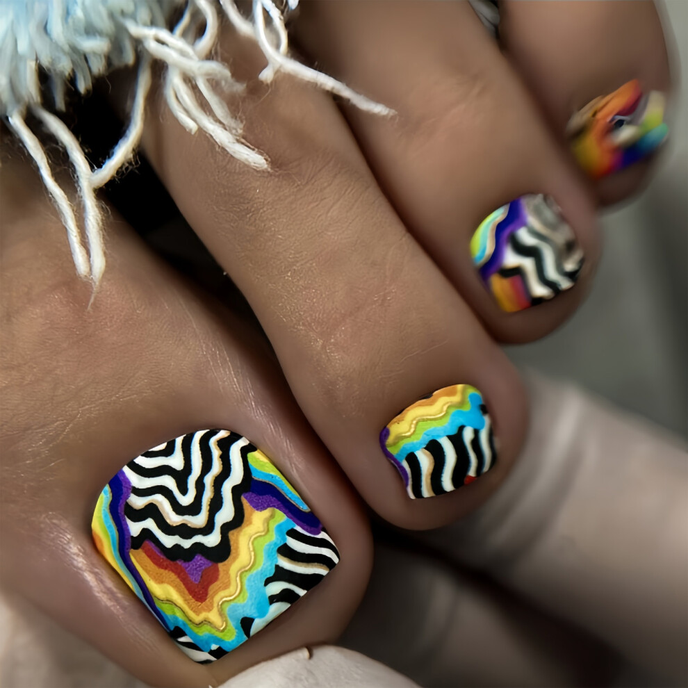 Square Fake Toenails Colorful Stripe Press on Toe Nail Acrylic