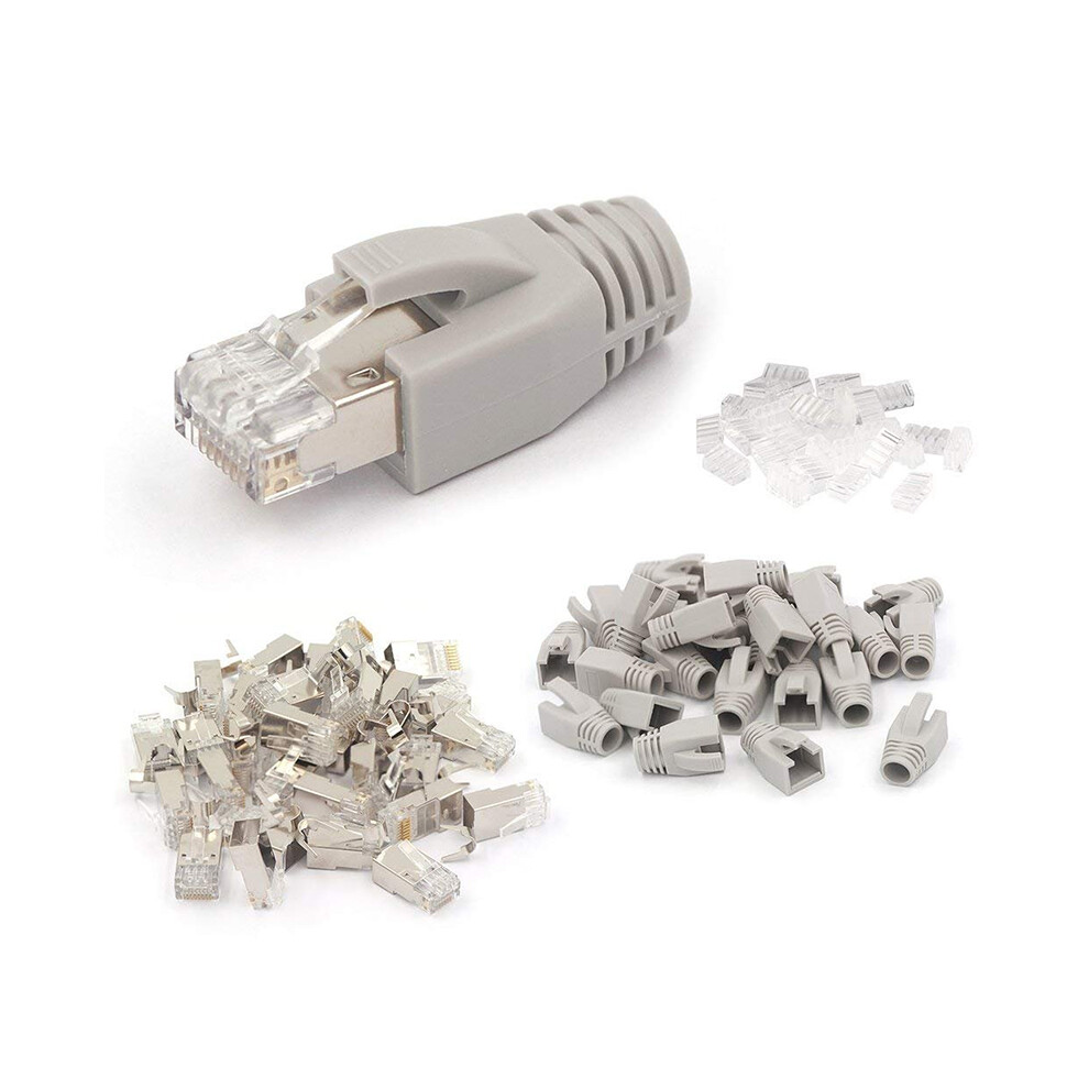 20 Pack Cat7 Shielded Rj45 Connector Cat6a Cat7 Rj45 Modular Plug With Load Bar And Rj45 Strain Relief Boots 8P8c Grey 6031478372225