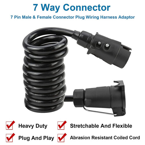 3 Meters 7Pin Trailer Extension Coiled Cable with Trailer Plug Socket Connector, 7 Core RV Electrical Cable Connector 2