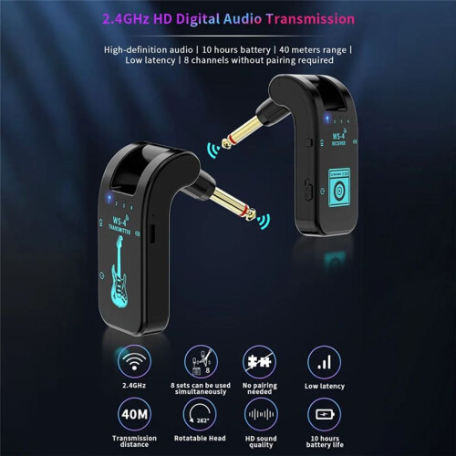 2.4G Wireless Guitar System Rechargeable Guitar Transmitter Receiver 48K/16bit Real- Transmission Rotatable Plug,A 1