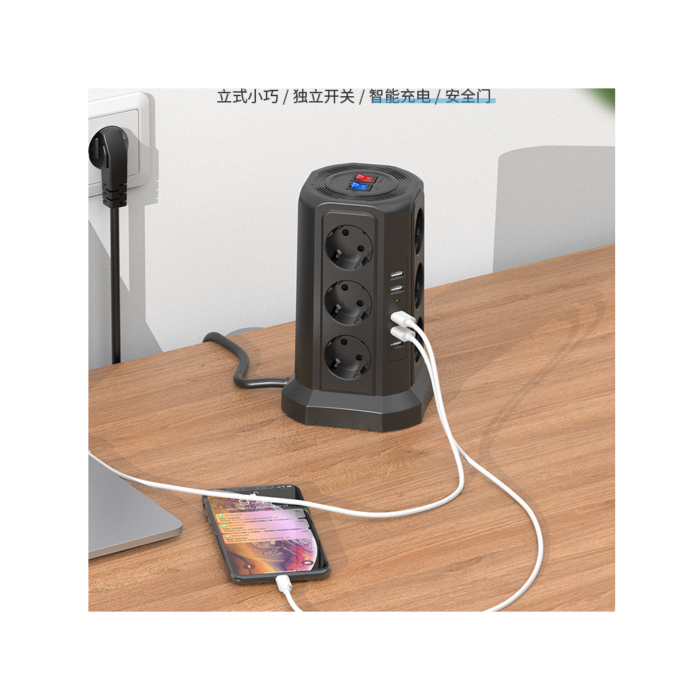 Cube Design Power Strip Tower, Smart-Charging Usb Ports For Multiple Devices, 12 Outlets In Different Directions, Fire-Resistant Casing, Non-Slip 9405630980578