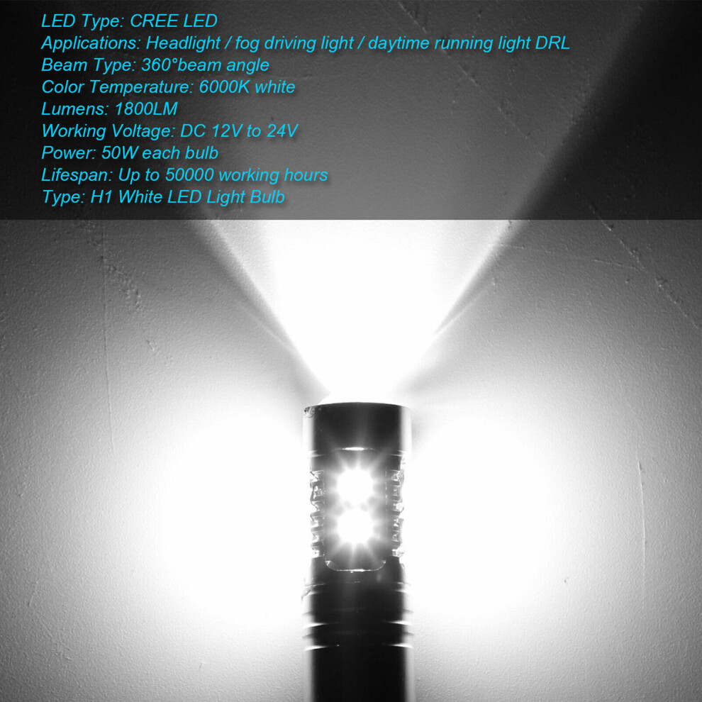 H1 Led Bulbs For Automobile Fog Lights, Brighter Than Halogen 100W 1800Lm 6000K Cool Non-Polarity Plug And Play Fanless H1 Fog Bulbs, White/Light 9169997129901