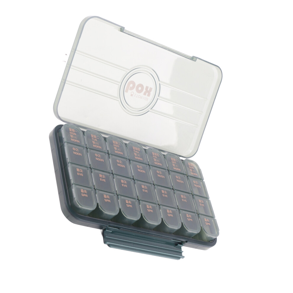 Green Portable Plastic Medicine Organizer 28 Compartments Transparent