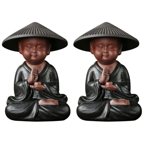 2Stk Graue Keramik Mönch Figur Tee Haustier 1