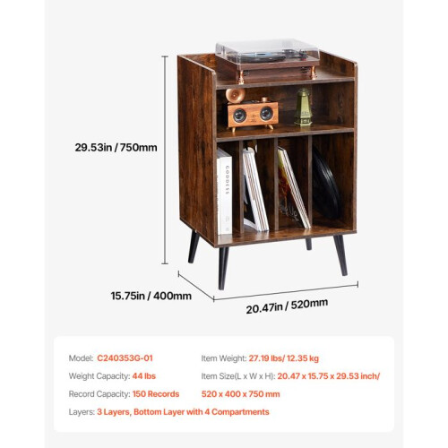 Mobile per vinili - DUOKU - 3 livelli - 150 album - Luce LED - Marrone 1
