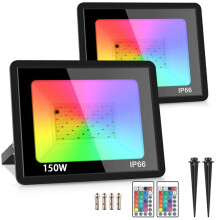 2 Pack 220V RGB LED Flood Lights IP66 Waterproof Color Changing Floodlight with Remote for Party, Halloween 150W