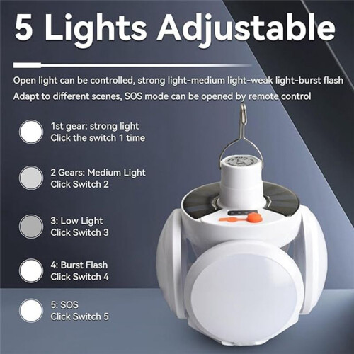 Camping Lantern with Hook, Waterproof LED Emergency Light - Solar Charging, Solar Lights 5 Light Modes 2