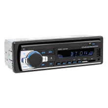 Autorradio elegante de un solo DIN, interfaz de audio USB SD AUX para selección de música personalizada y sistema manos libres.