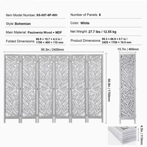 Scheidingswand - DUOKU - SS-007-6P-WH - 6 panelen - Hoogte 1700 mm - Wit 1