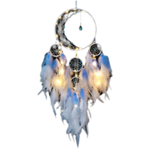 Light Weight Easy to Hang, Aesthetic Wall Art Craft with Moon Design and White Blue Feathers, Dream Catcher Wall Decor for Bedroom Living Room, Boho