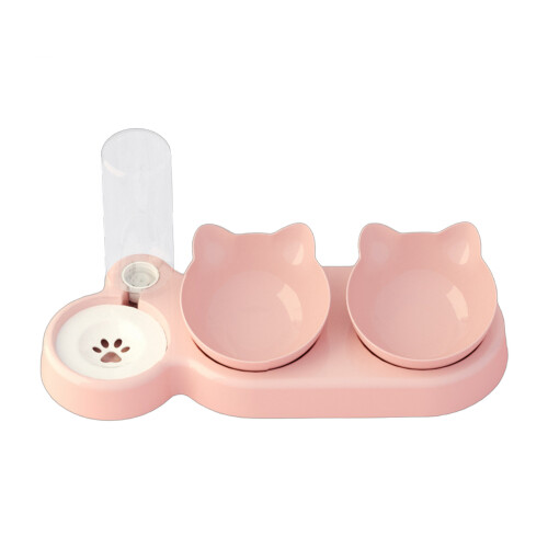 Double Pet Bowl with Automatic-light pink   solid color bowl
