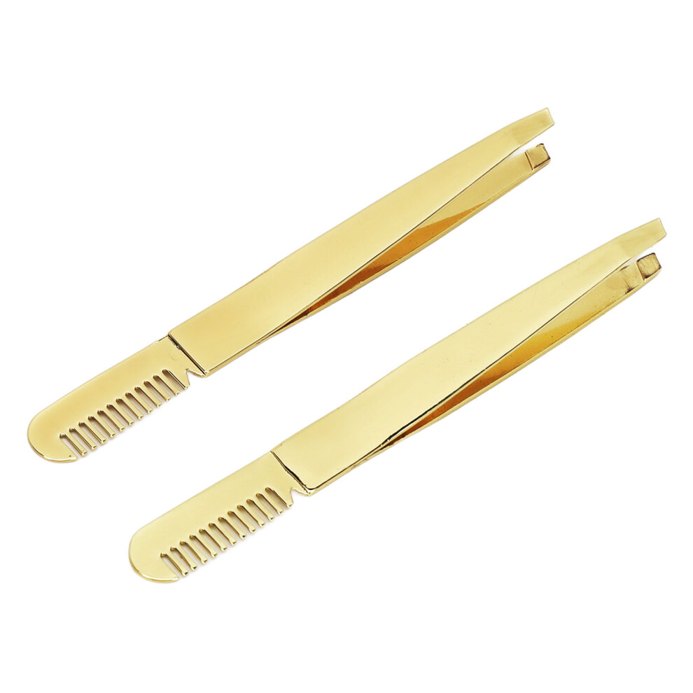 Golden Stainless Steel 2Pcs Slant Pointed Tweezer Comb Set For Eyebrow Grooming