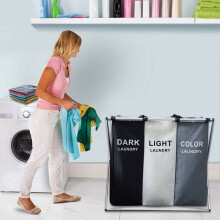 Laundry Basket With Foldable Design, Durable Oxford Cloth Triple Laundry Sorter For Home Organization, Collapsible Laundry Hamper, Grey White Black,