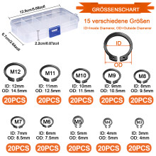 Assortiment de circlips, anneaux élastiques pour usage intérieur et extérieur, kit de 200 circlips externes en acier allié dans un coffret de