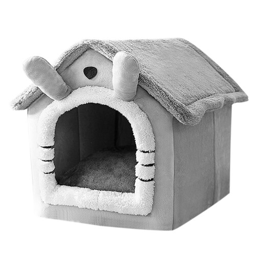 Lit de maison pour animaux de compagnie, grotte chaude-Chat gris