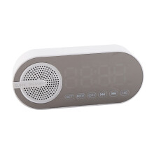 Tragbarer Bluetooth 5.0 Spiegel-Uhr-Lautsprecher mit Doppelwecker, wiederaufladbar, Weiß