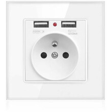 Compact wandcontactdoos met dubbele USB-poort, kristalglazen paneel voor veilig en gemakkelijk opladen, ontworpen voor eenvoudige installatie.