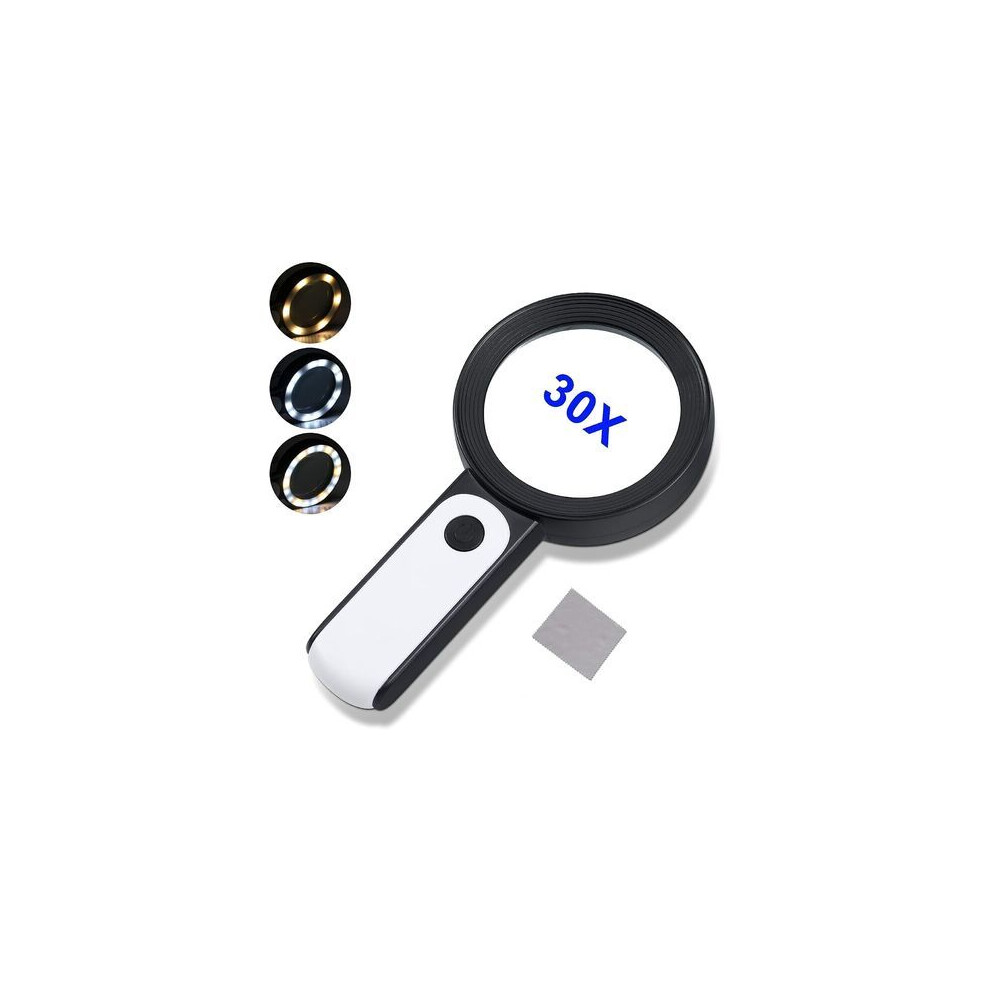 Handheld Magnifier, 30X Magnifying Power & Ergonomic Design, Lighted Magnifying Glass with 18 LED Illumination for Low Vision, Macular