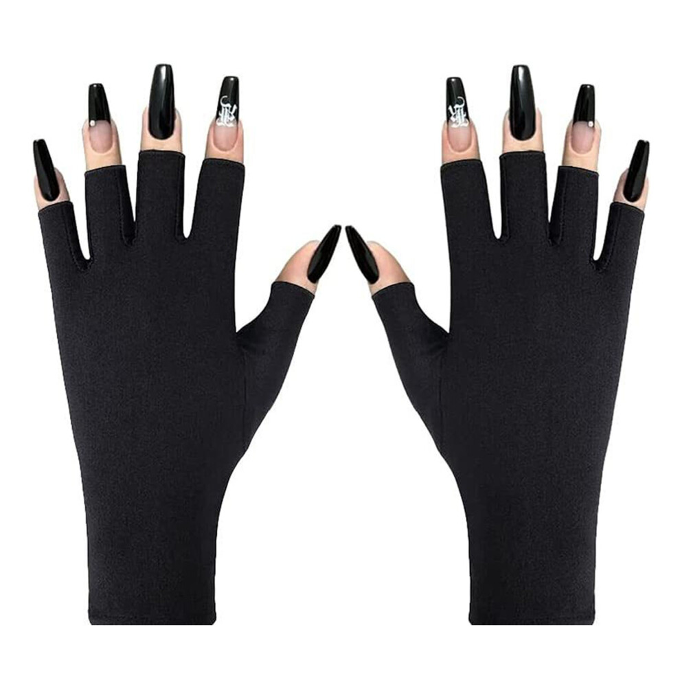 2 Pairs UV Gloves Fingerless Black Nail Art Elasticity UV Blocking Gloves
