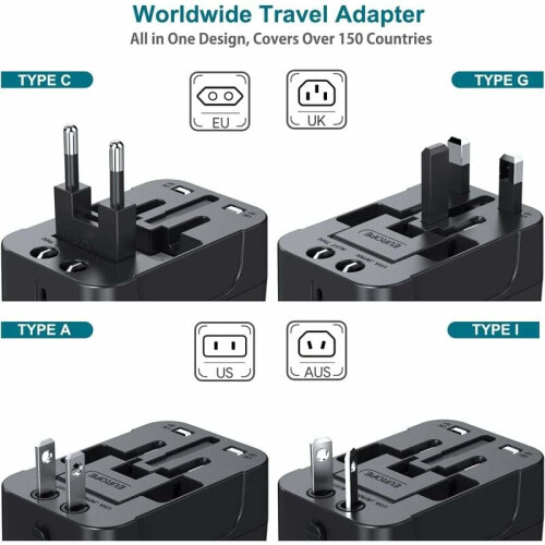 Προσαρμογέας ταξιδιού με USB C, παγκόσμια φόρτιση, πρίζα AC All-in-One για διεθνείς